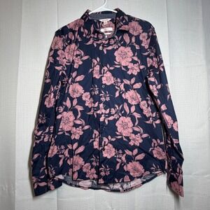Joe Fresh Button Down Shirt Medium‎ Navy Pink Floral Slim Fit